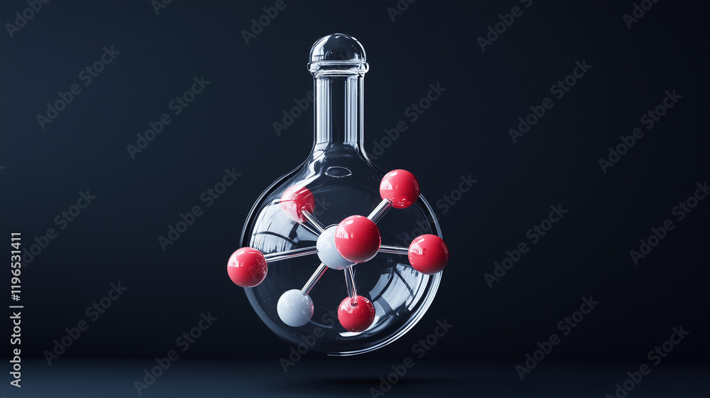 Poster molecular structure in glass flask: a 3d rendering of a molecular structure inside a glass flask aga
