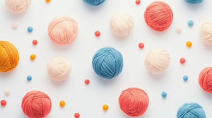 Colorful Yarn Balls and Tiny Pompoms on White Background: Knitting and Craft Supplies
