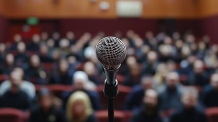 A person giving a public speech in front of an audience, using body language and facial expressions to communicate.