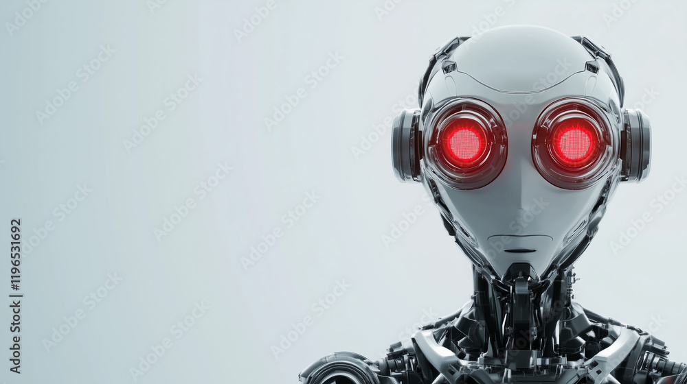 Aufkleber android with glowing red eyes: close-up view of a futuristic android's face, featuring sleek metalli
