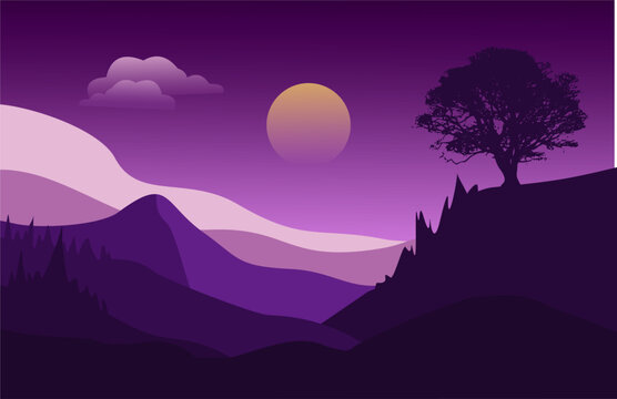 vector flat design illustration of purple scenery, silhouette of trees, river, lake, moon