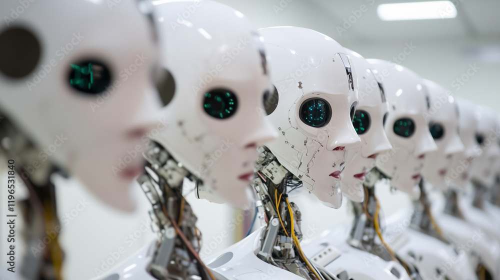 Aufkleber rows of humanoid robots: a striking close-up showcases a line of advanced humanoid robots.