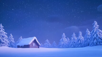 Fototapeta premium Snow-covered cabin under a starry night sky in a serene winter wonderland