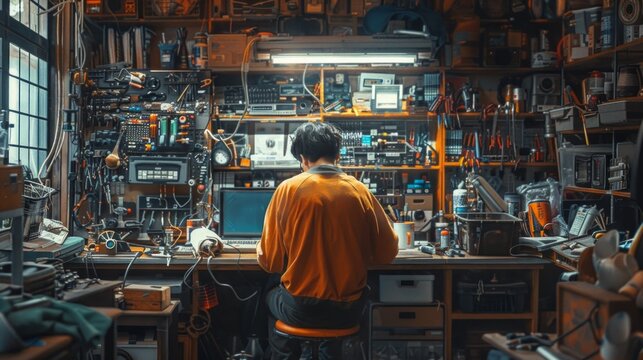 A man sits at a cluttered workbench in a dark workshop.  AI generative. .
