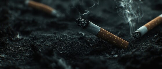Cigarettes extinguished on ground with smoke, symbolizing the impact of smoking on health and environment. Awareness, addiction, and consequences of tobacco use.
