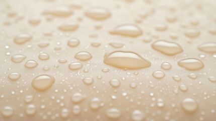 Water Droplets on Beige Surface:Close-up view of numerous water droplets scattered on a beige surface, showcasing their spherical shape and reflective qualities.
