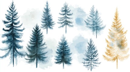 Obraz premium Watercolor painting of various evergreen trees in blue and gold hues against a white background.