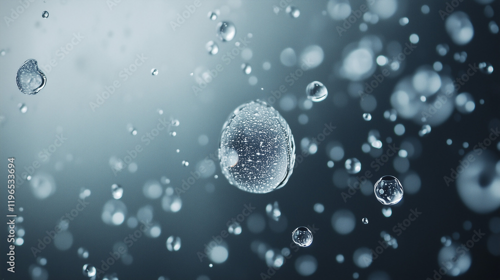Poster water droplets dance: an abstract close-up showcases numerous water droplets suspended in mid-air, c