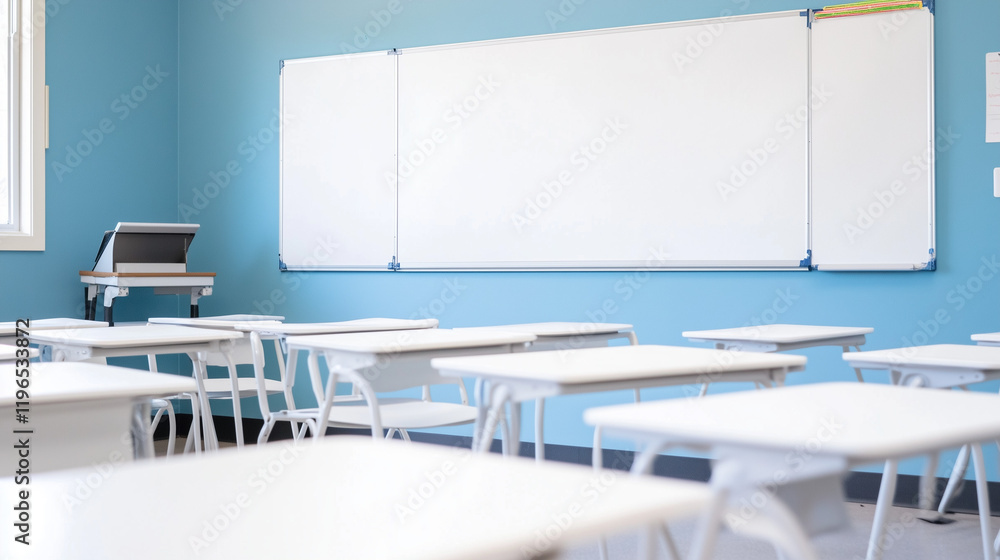Poster empty classroom ready for learning: a bright, airy classroom awaits students, featuring rows of neat