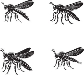 High-Quality Monochrome Vector Silhouettes of the Stonefly Isolated on a White Background"