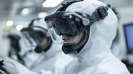 Focused Researchers in Cleanroom: Two scientists wearing protective hazmat suits and advanced goggles meticulously work in a pristine, high-tech cleanroom environment.  The image emphasizes precision.