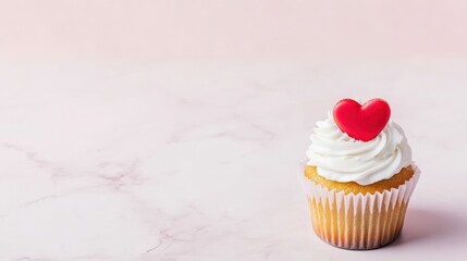 Valentine's day cupcake with white frosting and heart topper on marble surface