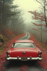 Classic Red Car on Foggy Autumn Road