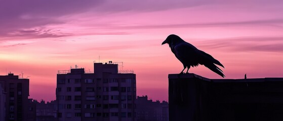 Crow perched on rooftop against urban skyline during vibrant sunset, silhouette reflecting evening tranquility. Nature, wildlife, and city life contrast beautifully.