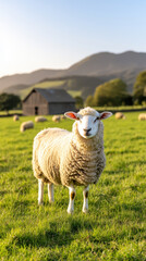 Fototapeta premium sheep stands in sunny meadow with mountains behind