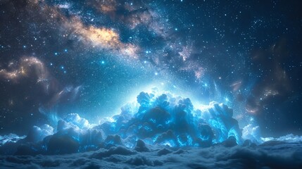 Starry night sky with glowing clouds and a galaxy in the background. AI generative. .