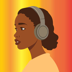 Vector avatar in muted earth tones browns and beiges.  Illustrates a young African woman in profile, wearing headphones, showing concentration. Flat style, clean lines, with gradient background. 