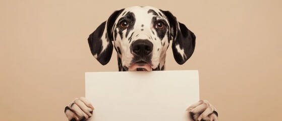 Dog holding blank sign with playful expression on beige background, perfect for pet adoption announcements, marketing campaigns, or social media posts.