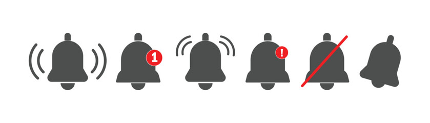 Notification bell icon. Alarm symbol. Notice message. Set of ringing bells with new notification. Vector illustration.