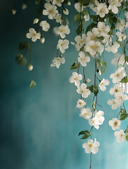 Sezon wiosenny, tło fotograficzne kwiatowe, białe kwiaty na zielonym tle, generative ai