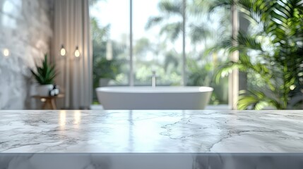 Empty marble top table with blurred bathroom interior background for product display