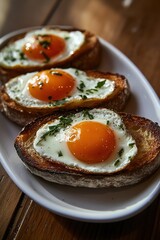 Fototapeta premium Eggs on toast served in a white dish, showcasing a delicious breakfast or brunch option, garnished with herbs, perfect for food photography and culinary inspiration.