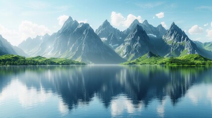 Serene mountain lake with lush greenery and majestic peaks reflected in the water. AI generative. .