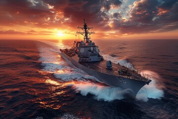 A US Navy destroyer sails through the ocean at sunset, leaving a foamy wake. AI generative. .