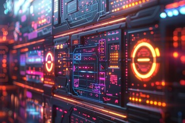 Fototapeta premium Sci-fi control panel with neon lights and glowing circles. AI generative. .