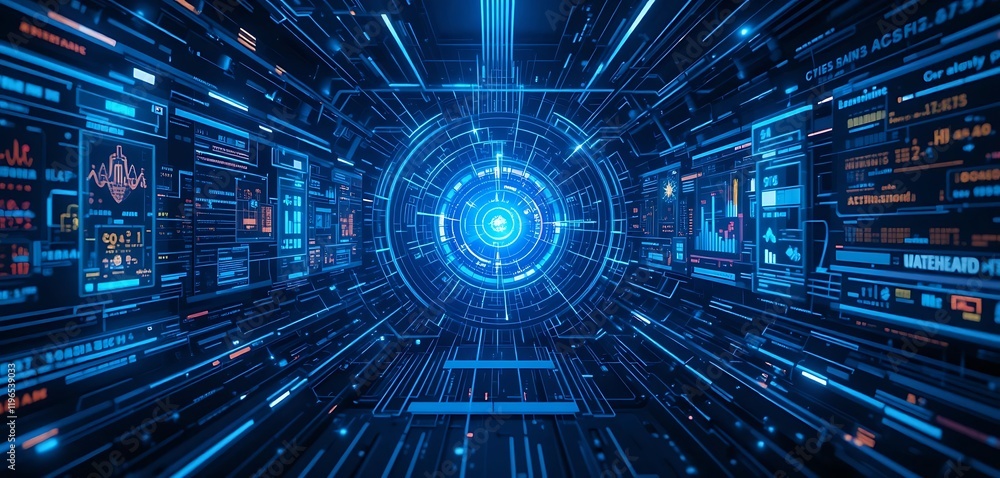Poster futuristic digital data tunnel interface showing complex information