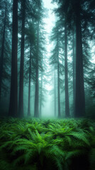 Fototapeta premium Misty coastal forest with towering trees and lush ferns