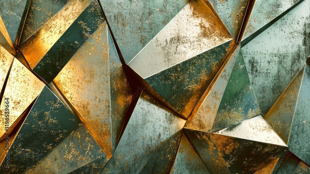 Poster Sharp triangles in bold olive green and shimmering gold create a striking abstract composition, adding a modern touch to any space
