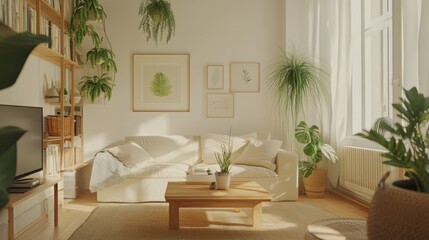 Sunlit Living Room with Abundant Plants and Minimalist Decor