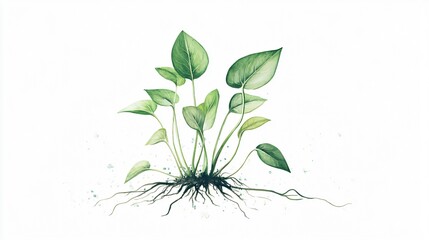 Obraz premium Botanical Study: Watercolor Painting of Plant with Roots on White Background