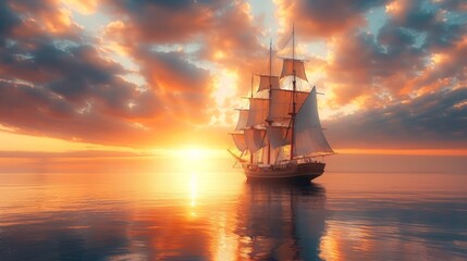 Fototapeta premium Sailboat at sea, golden sunset sky, and water reflections. AI generative. .