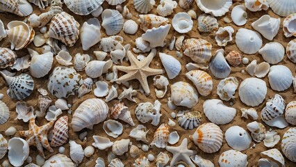 The background texture is white seashells. Close-up of Marine Life, Beach Theme, and Different Shells.