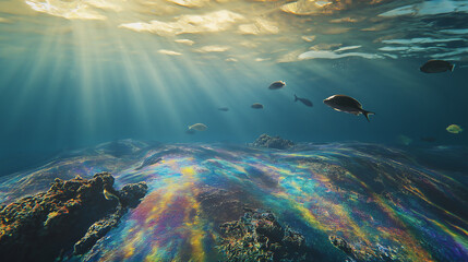 Colorful oil spill spreading on the ocean surface, showcasing pollution and environmental impact on marine ecosystems