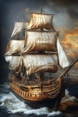 Majestic Sailing Ship Navigating Stormy Seas