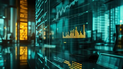 A high-tech office featuring a massive wall displaying interactive data visualizations, blending charts, graphs, and code in a futuristic, dynamic display of financial information.