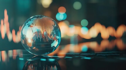 A crystal globe, reflecting the world, is centered against a dreamy bokeh background overlaid with abstract financial data, suggesting the global reach and abstract nature of financial markets.