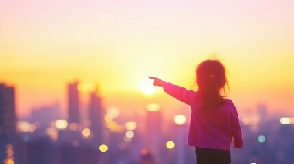Joyful girl pointing at sunset over cityscape