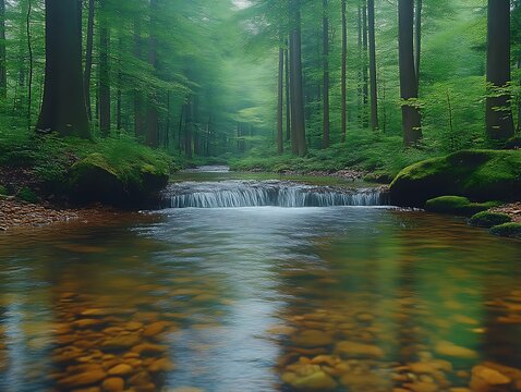 Misty forest stream with small waterfall.