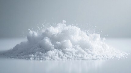 A closeup of white crystal granules on a light background, creating a delicate and sparkling texture.