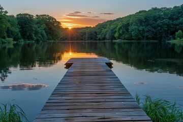 Fototapeta premium Wooden dock leading into a lake with a sunset reflection. AI generative. .