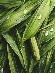 Obraz premium Fresh green leaves with droplets after rain in a dense natural setting