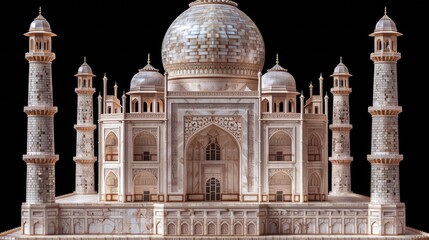 Obraz premium Detailed white marble Taj Mahal with intricate carvings and minarets against a black background. AI generative. .