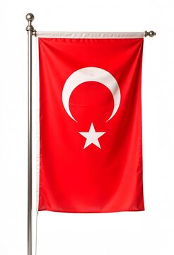 Turkish flag hanging vertically from a brushed steel pole isolated on a brght white background