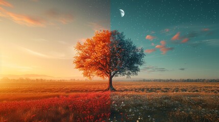 Half of a tree is bathed in golden sunset light, while the other half is under a starry night sky with a crescent moon. AI generative. .