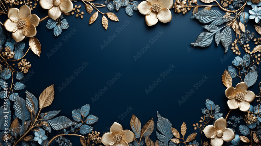 Wall mural A blue background with gold flowers and leaves