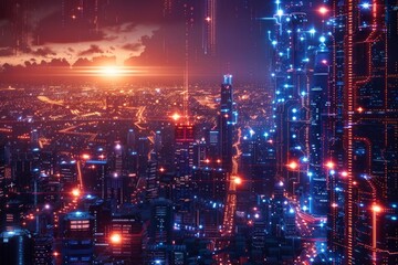 Obraz premium Futuristic city skyline at night with neon lights and glowing circuit boards. AI generative. .